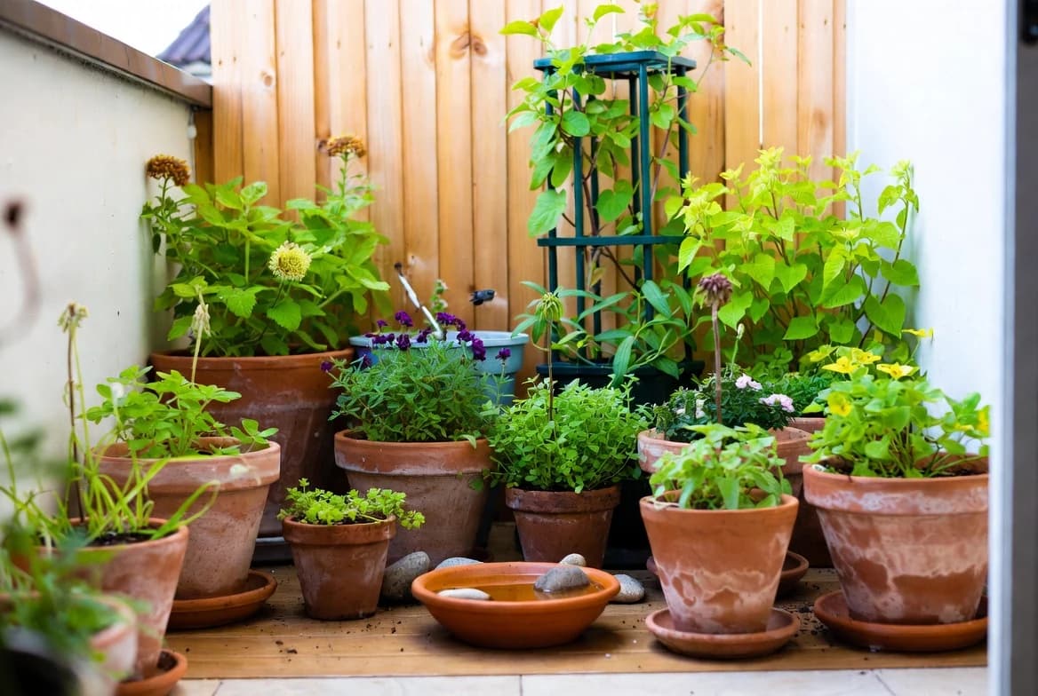 A planted wildlife-friendly balcony with pots and a shallow water dish