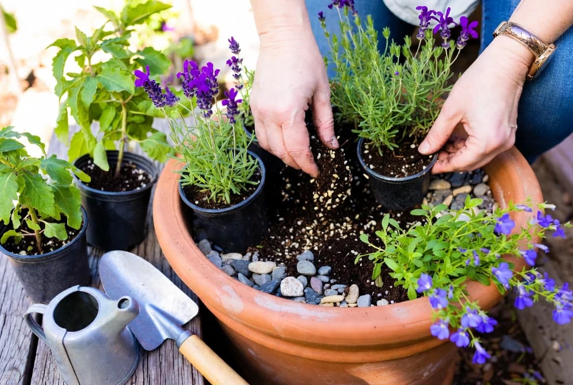 Bee-friendly plants growing in containers