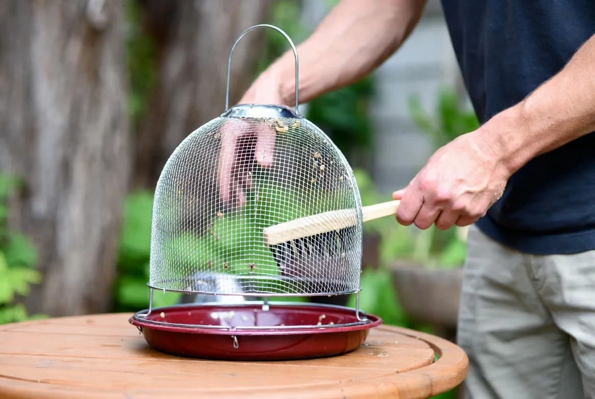 A person cleaning a covered garden bird feeder outdoors