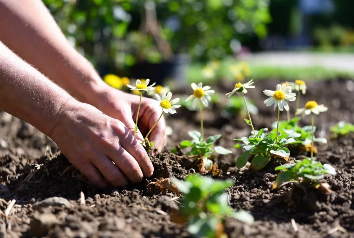 Hands planting open white flowers in a sunny garden border