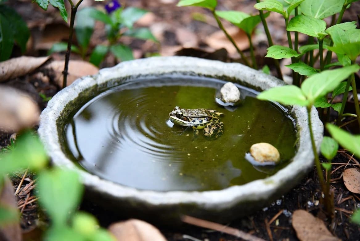 A small frog using a shallow garden water bowl