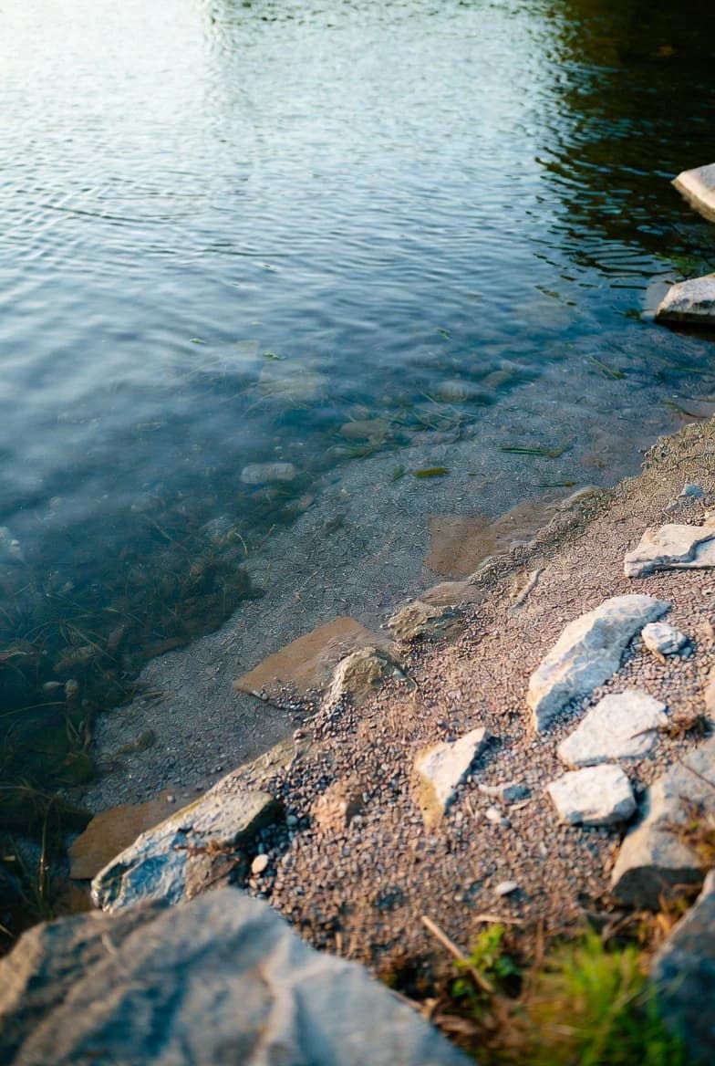 A gently sloping shallow pond edge made from gravel and stones