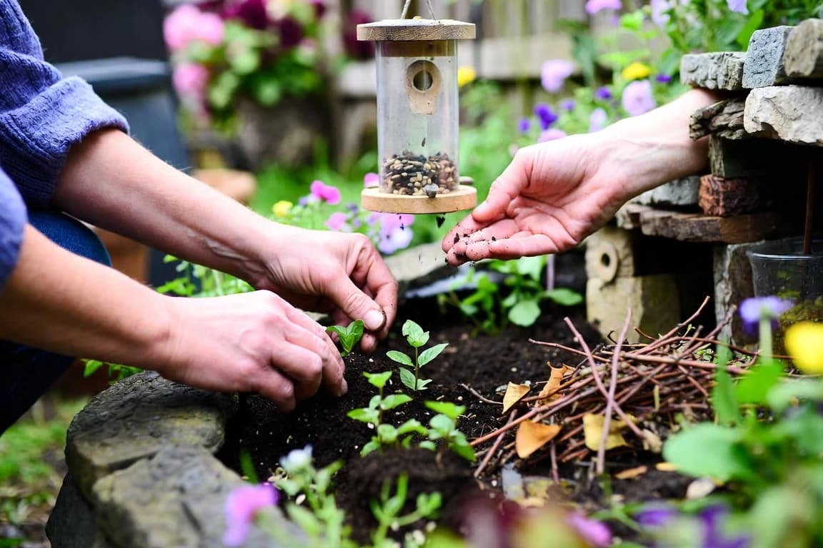 Hands planting in a wildlife garden