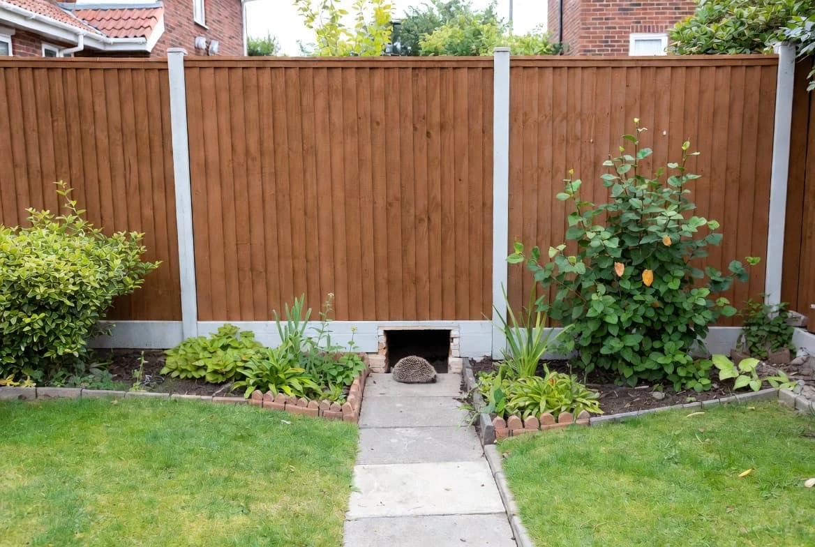 A hedgehog using a finished garden route through a fence