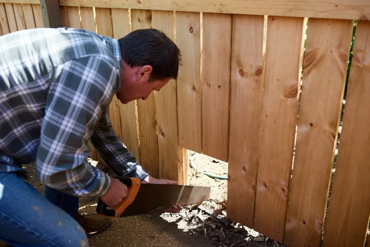 A person carefully cutting a ground-level opening in a wooden fence panel