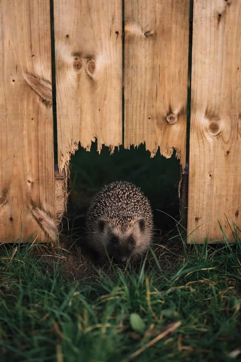 A hedgehog emerging through a ground-level opening in a wooden fence