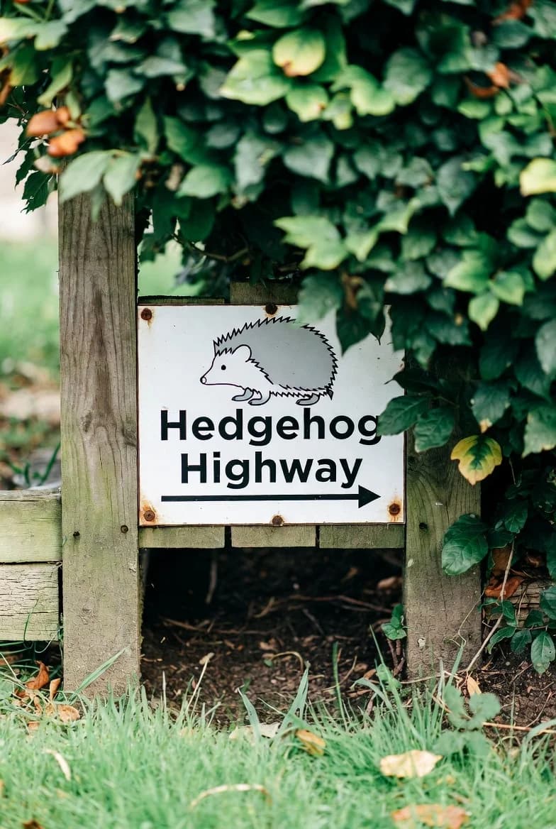 A Hedgehog Highway sign beside a sheltered opening beneath garden foliage