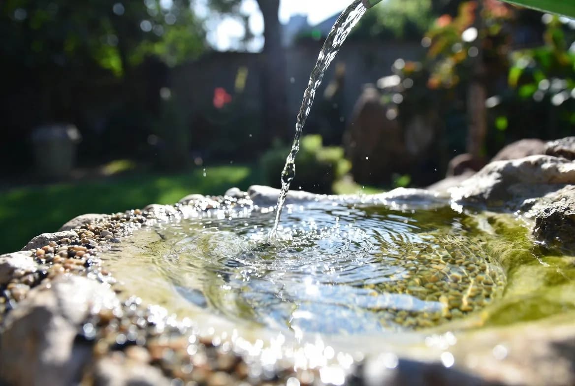 Water pouring into a newly made stone-edged garden pond