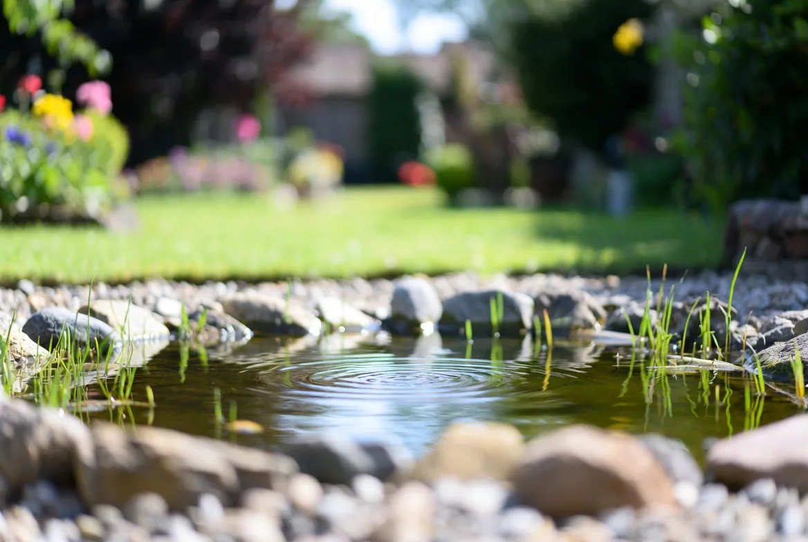 A finished wildlife pond viewed from a low angle across the water