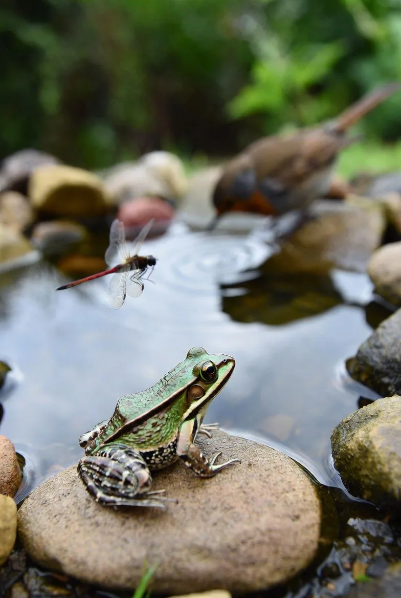 A frog beside a garden pond with a dragonfly in flight
