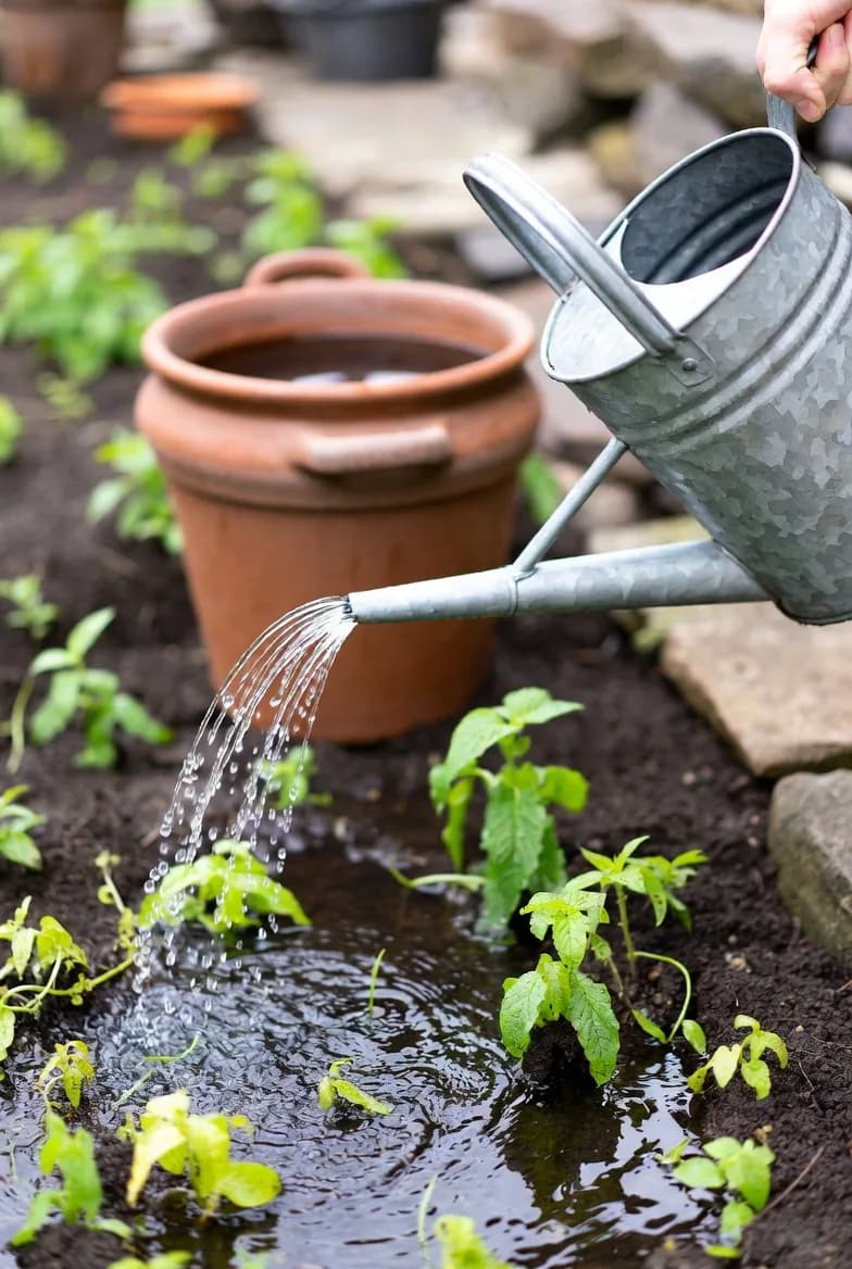 Young garden plants being watered directly at soil level