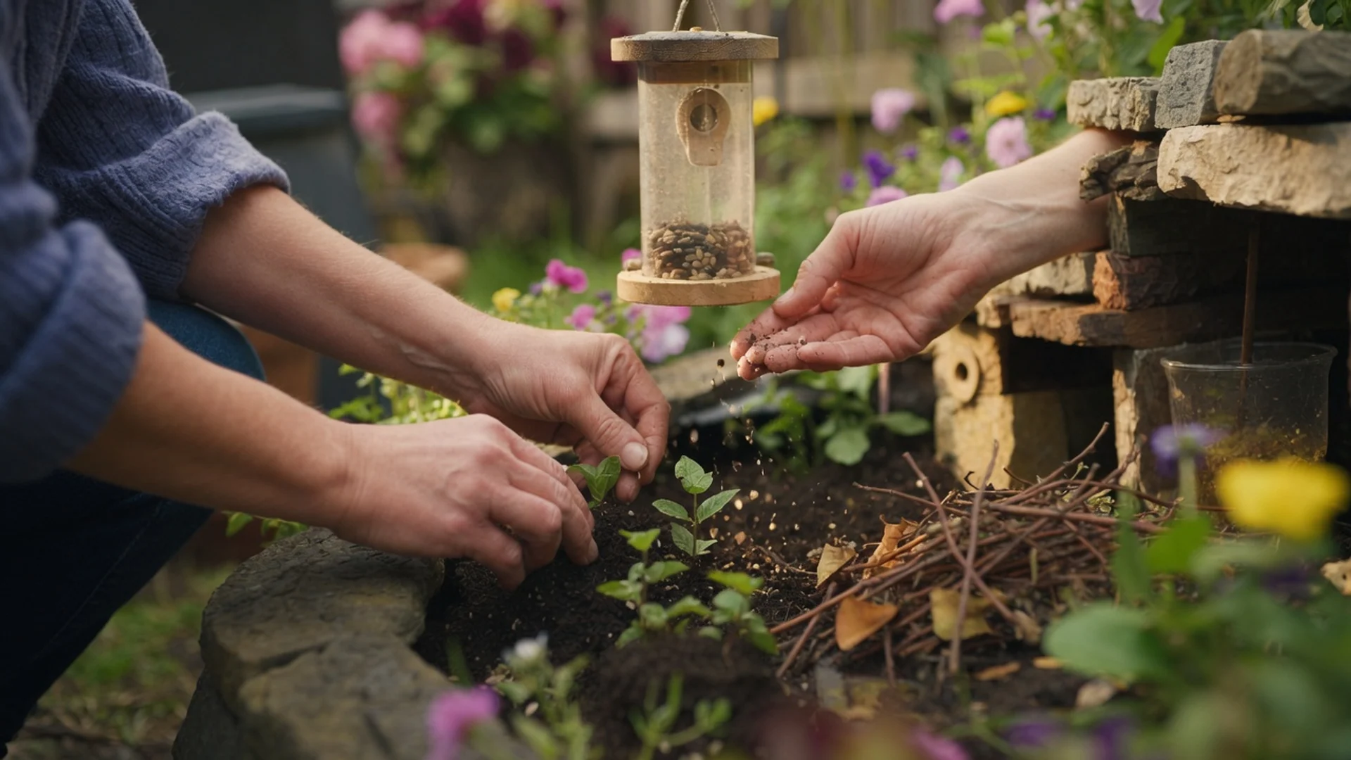 Hands planting seedlings in a wildlife-friendly garden bed