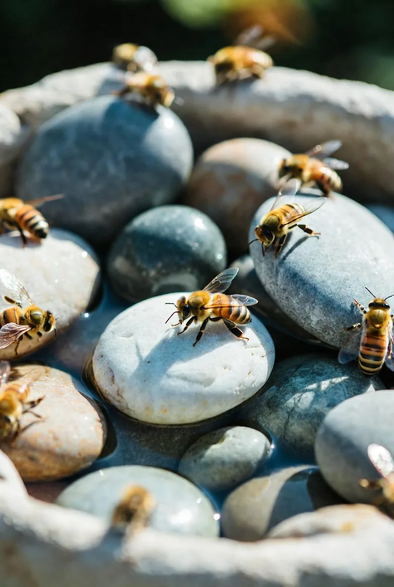 Bees landing safely on stones in a shallow water dish