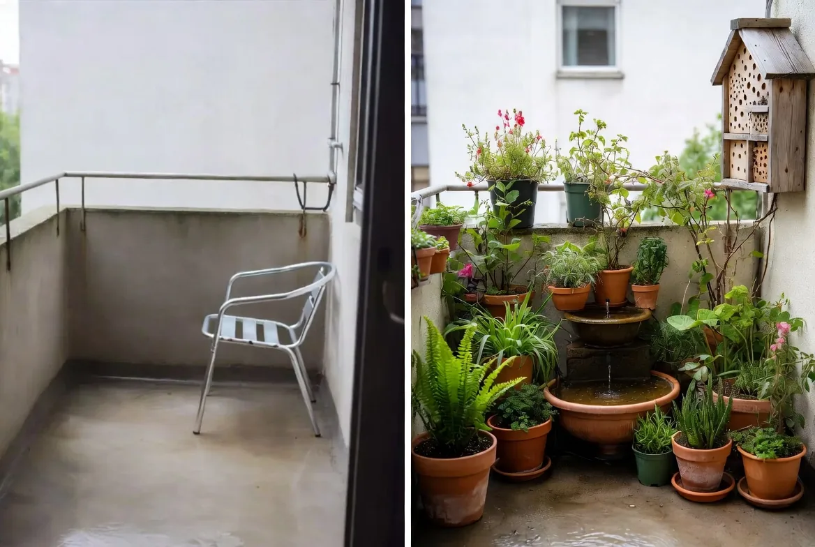 A bare balcony shown beside its transformation into a planted wildlife space