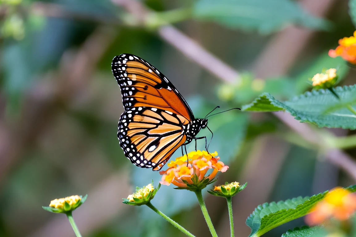 An orange butterfly feeding on a bright garden flower