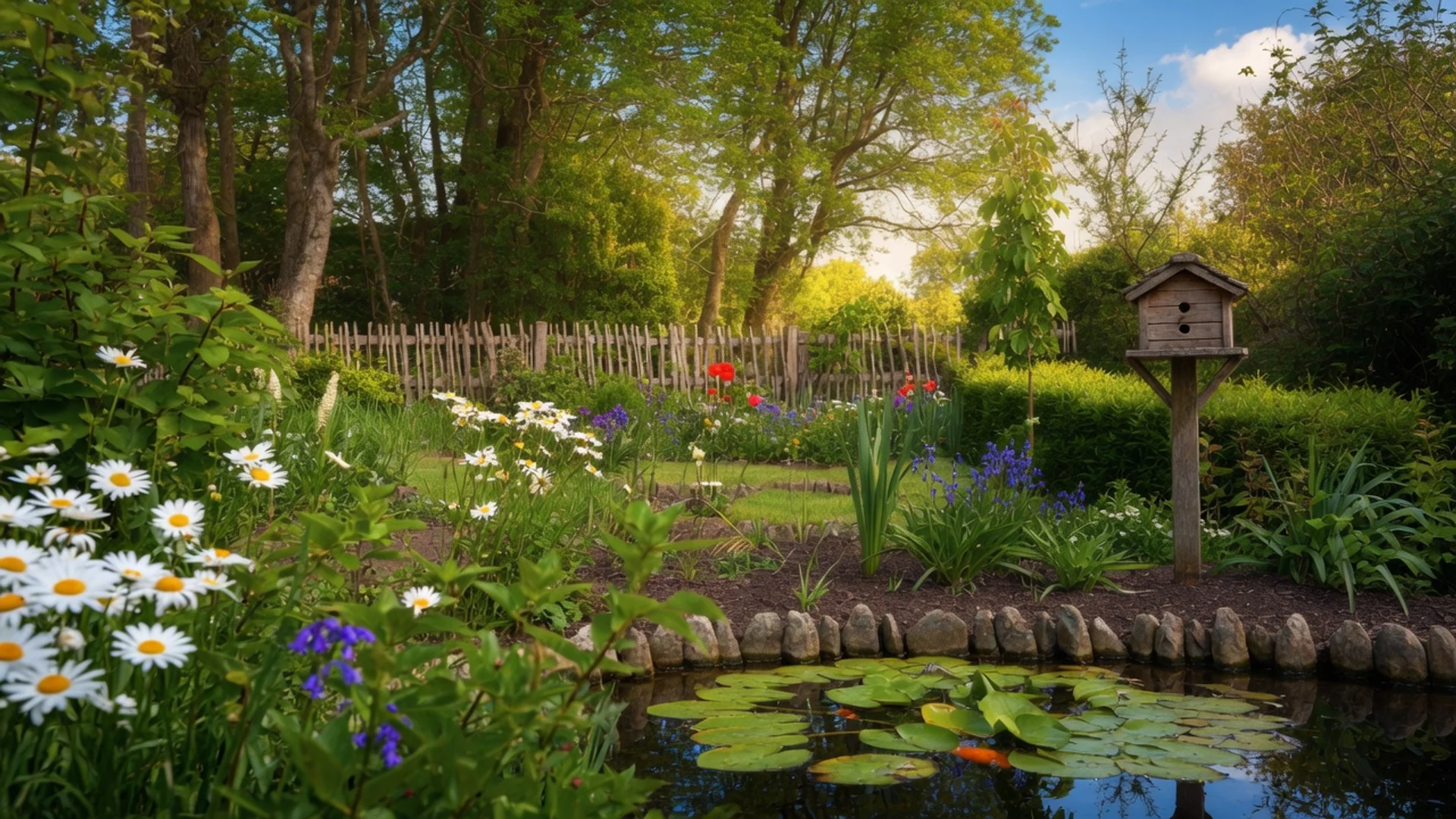 A thriving wildlife garden with a pond, wildflowers and a nesting box