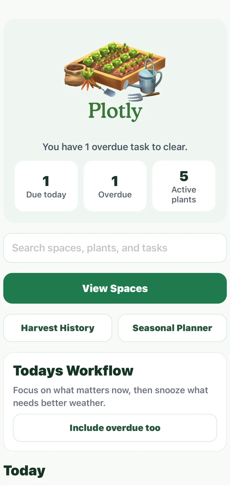 Plotly app home screen showing garden spaces