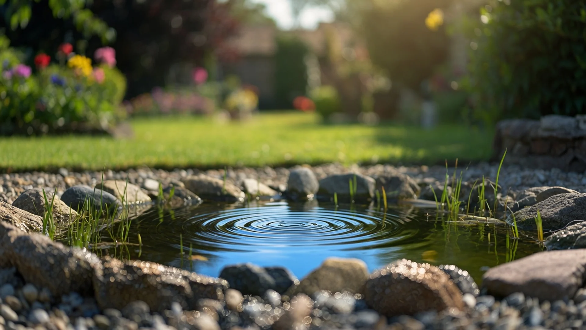A finished wildlife pond seen from a low angle across the water